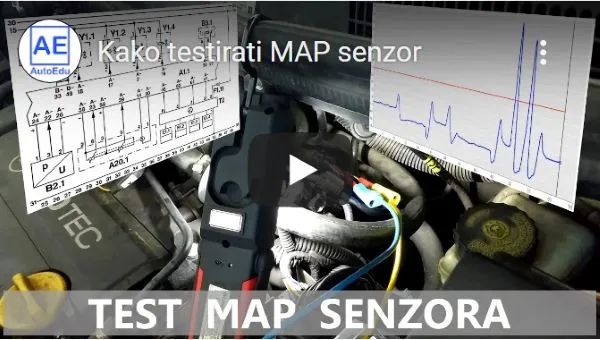 Slika predstavlja naslovnu sliku ka yotube video prikazu - test MAP senzora. na slici je prikaz priključenja mernih pipeta osciloskopa na priključcima MAP senzora. U gornjem delu slike ukoso levo je prikaz električne šeme sistema ubrizgavanja vozila, a desno na beloj pozadini grafički signal sa lambda sonde snimljen na osciloskopu tokom rada senzora. U gonjem levom uglu je logo youtube kanala AE - AutoEdu. U nastavku preko slike belim slovima piše kako testirati MAP senzor. U donjem delu slike preko providne sive trake krupnim belim slovima piše Test MAP senzora. U sredini slike je simbol video plejera na crnoj kvadratnoj površini je beli trougao.