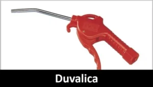 Slika predstavlja link ka stranici Duvalica kao pneumatski alat za produvavanje komprimovanim vazduhom. Na beloj podlozi prikazana je crveni držač duvalice sa ručicom za aktiviranje i metalnom sivom zakrivljenom cevčicom. U donjem delu slike na crnoj traci velikim belim slovima piše Duvalica.