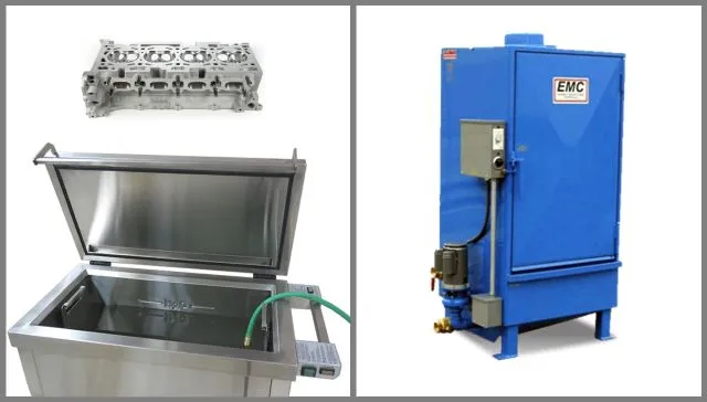 Na slici su prikazani mašine za hemijsko čišćenje - Rezervoar za potapanje, mašina za pranje sa raspršivačima koji mogu da se koriste u postupku Čišćenje i rastavljanje glave motora