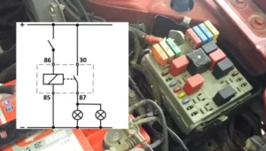 Releji na vozilima - ispitivanje. Prikaz releja u osiguračkoj kutiji u motornom prostoru i šema veze releja za osvetljenje prednjih farova.