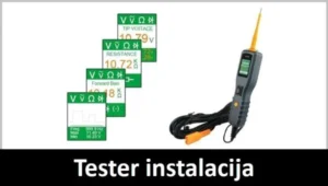 Tester instalacija vozila sa funkcijama ispitivanja i merenja. Na slici je prikazan tester instalacija i primeri ispisa na ekranu testera. U donjem delu slike na crnoj traci krupnim belim slovima piše Tester instalacija.