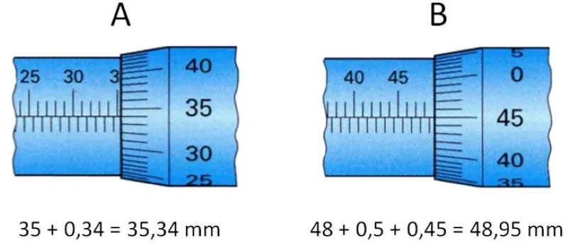 Primeri očitavanja merne vrednosti na mikrometru. Prikaz dela mikrometra sa skalamadva primera izmerene dužine i načina očitavanja u oviru lekcije Mikrometar