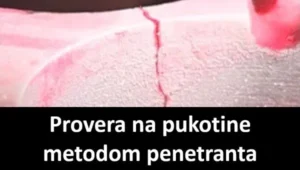 Provera na postojanje pukotina metodom penetranta. Vidljiva pukotina na glavi motora nakon primene penetranta. U donjem delu slike na crnoj traci krupnim belim slovima piše Provera na pukotine metodom penetranta.