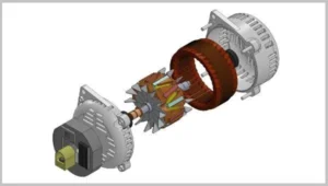 Rasklapanje alternatora van vozila na stolu. grafički prikaz razdvojenih komponenata alternatora.