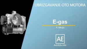 Lekcija -Ubrizgavanje 4 E-gas video multimedijalna lekcija na yotube kanalu AutoEdu. Sa leve strane je prikazan modul E-Gasa. U centralnom delu na plavoj pozadini belim slovima piše, u vrhu Ubrizgavanje OTO motora, U sredini E-Gas 4. lekcija, a pri dnu je logo kanala AutoEdu.